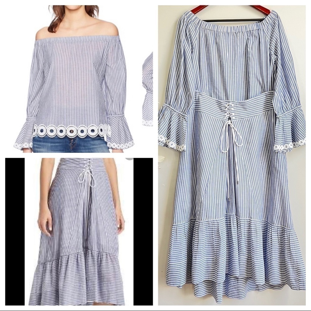 T Tahari Irena stripes prints midi skirt off shoulder top sets